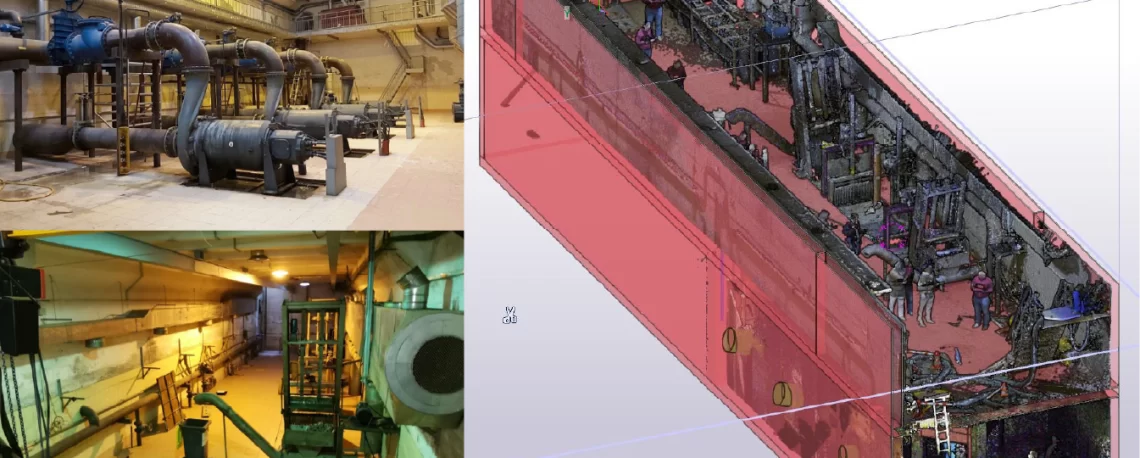 Kanalizacijos perpumpavimo stoties patalpų vaizdai G. Baravyko g. Vilniuje: matomos senos nuotekų siurblių ir grotų patalpos bei 3D skaitmeninis modelis su įrenginių ir konstrukcijų būklės fiksavimu.