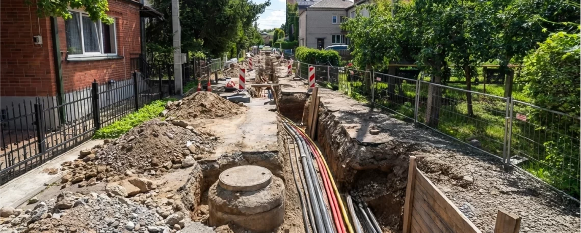 Ūmėdžių gatvės rekonstrukcijos darbai Kaune: atvira tranšėja, klojami vandentiekio ir nuotekų tinklai, matomi inžineriniai vamzdynai ir šulinys gyvenamojoje gatvėje.