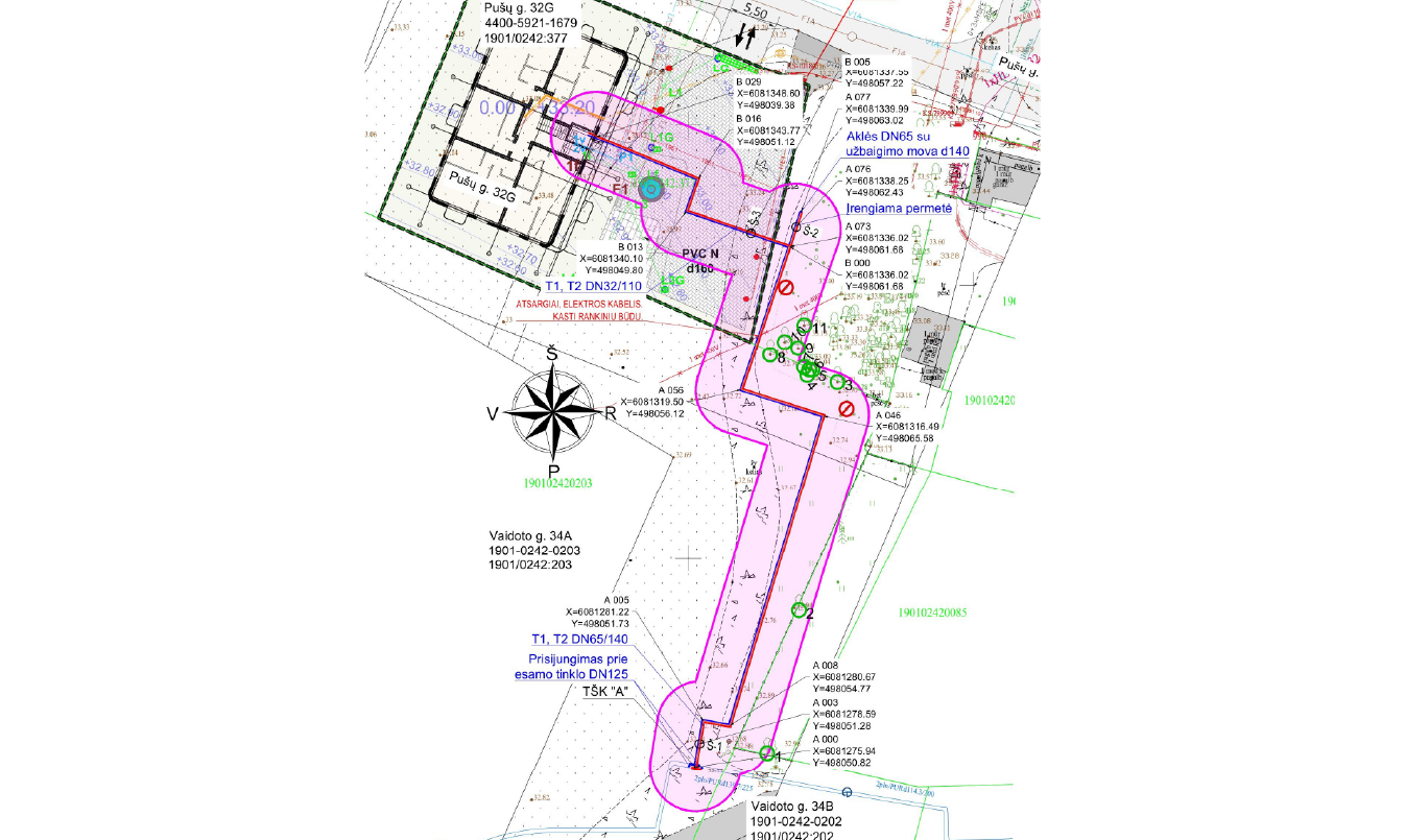 Šilumos tinklų projektas Pušų g. 32G Kaune – daugiabučio prijungimo prie centralizuoto šildymo schema